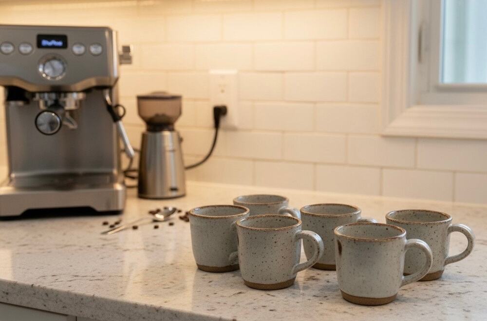 Studio Pottery Mini Espresso Mugs Set of 6 Speckled Stoneware Brown Rim Cups